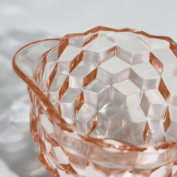 Pink Depression Glass Creamer Sugar Bowl Set Diamond Pattern Handles - Picture 8 of 10